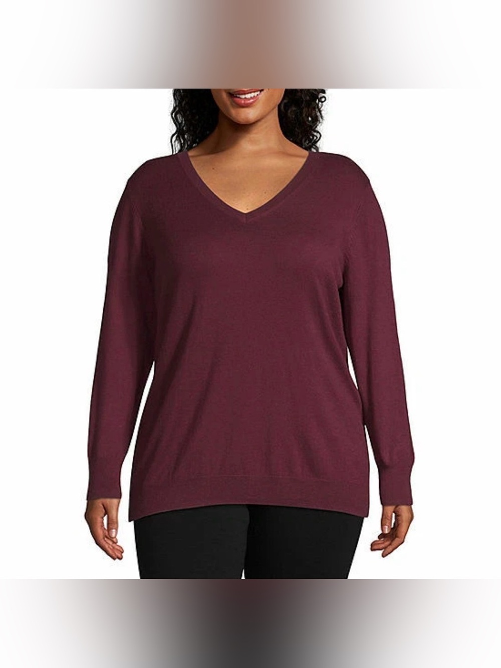 Worthington V Neck Tunic Thin Breathable Burgundy Long Sleeve Split Hem Sweater